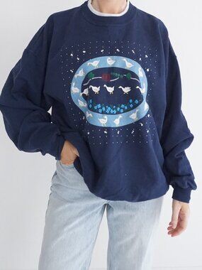 Vintage Morning Sun Navy Ducks Pond Scenic Nature Graphic Sweatshirt XL